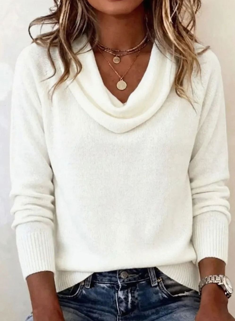 Women's Cowl Neck Long Sleeve Soft Knit Jumper - White