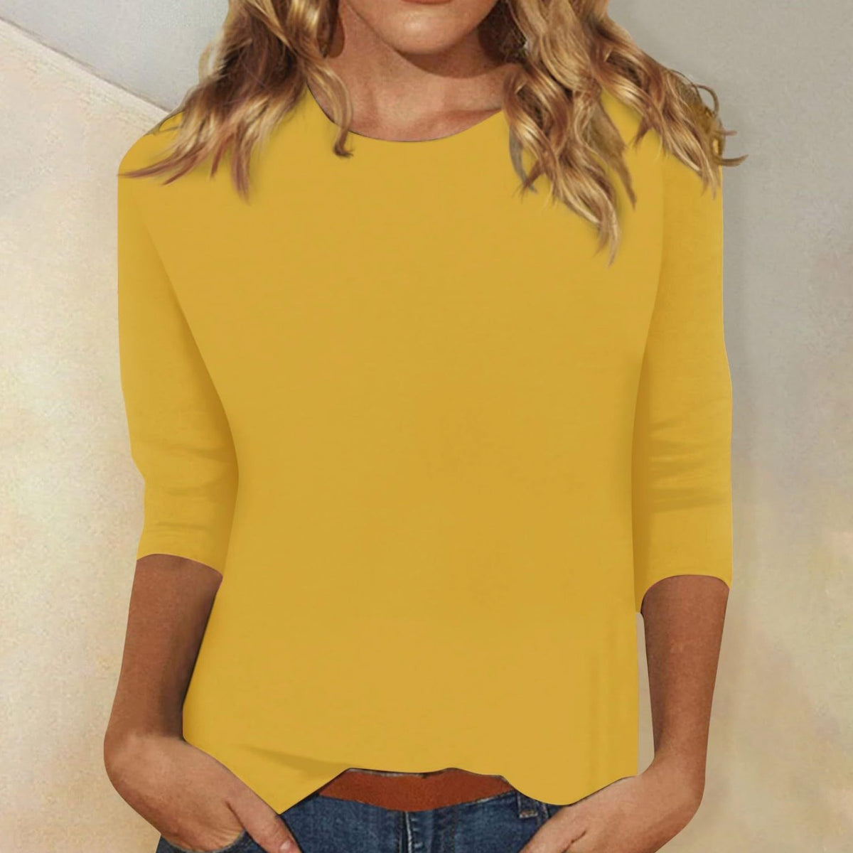 Women's Crew Neck 3/4 Sleeve Casual Everyday Top - Yellow