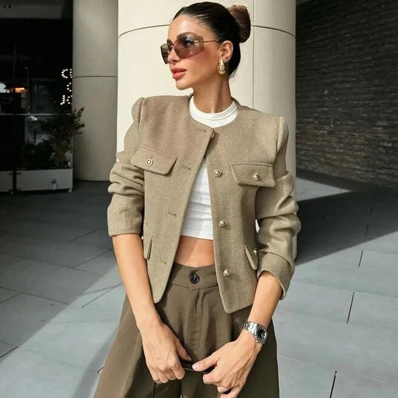 Women's Cropped Bomber Jacket Button Front Long Sleeve