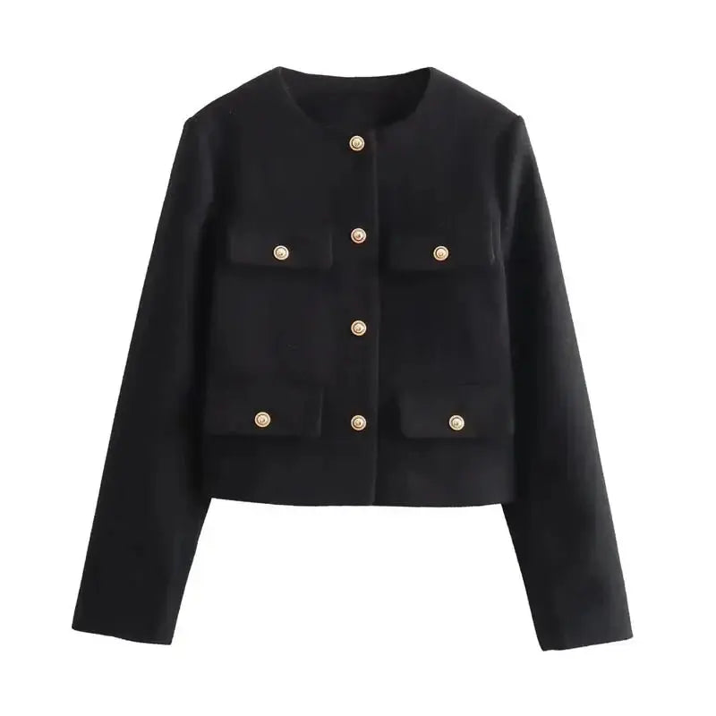 Women's Cropped Bomber Jacket Button Front Long Sleeve - Black