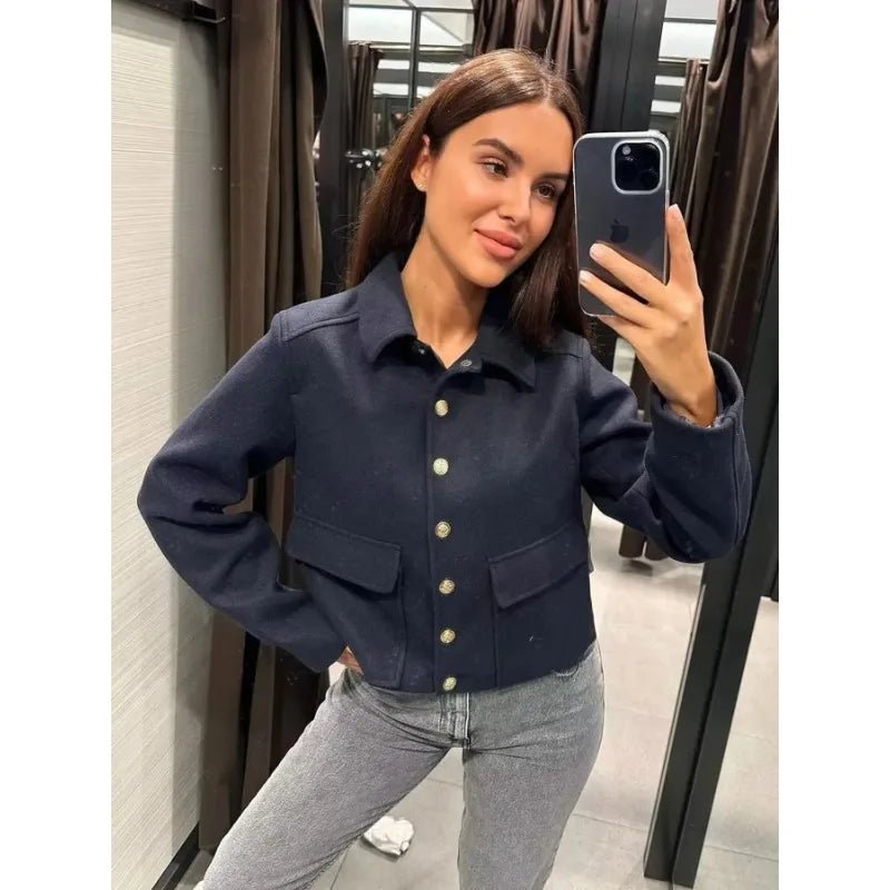 Women's Cropped Bomber Jacket Button-Up Navy