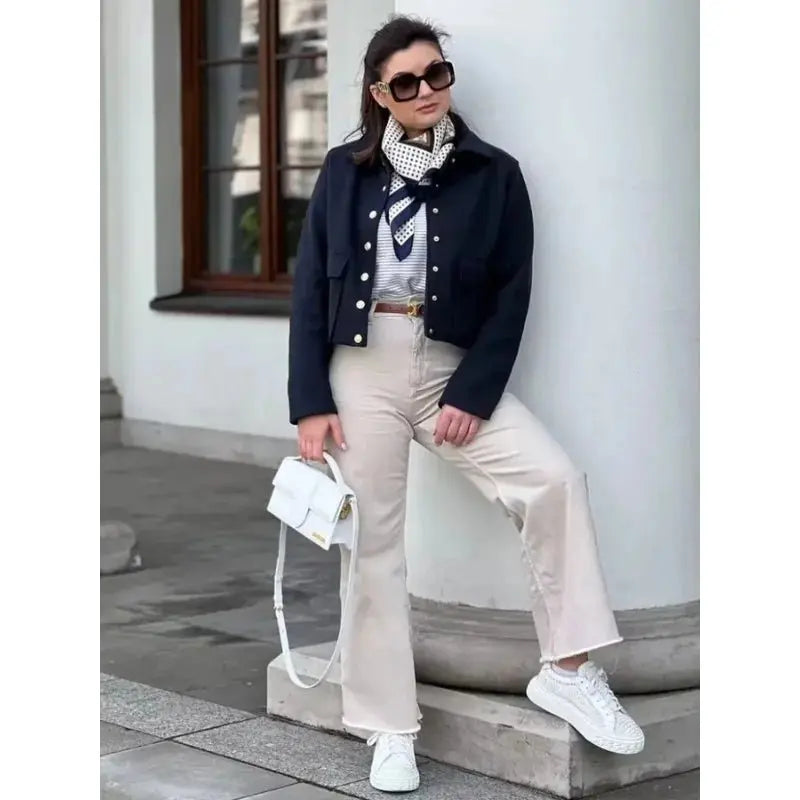 Women's Cropped Bomber Jacket Button-Up Navy
