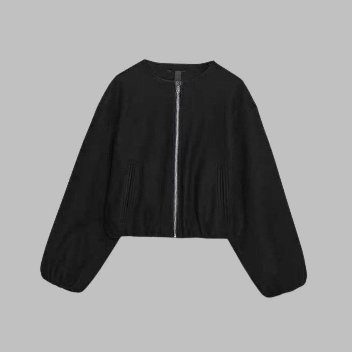 Women's Cropped Collarless Full-Zip Bomber Jacket - Black