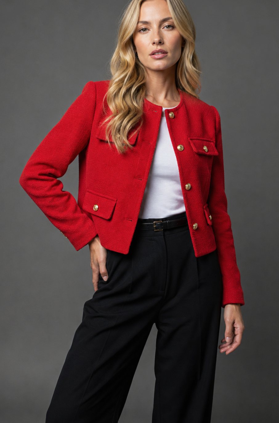 Women's Cropped Collarless Tweed Blazer Gold Button Flap Pockets - Red