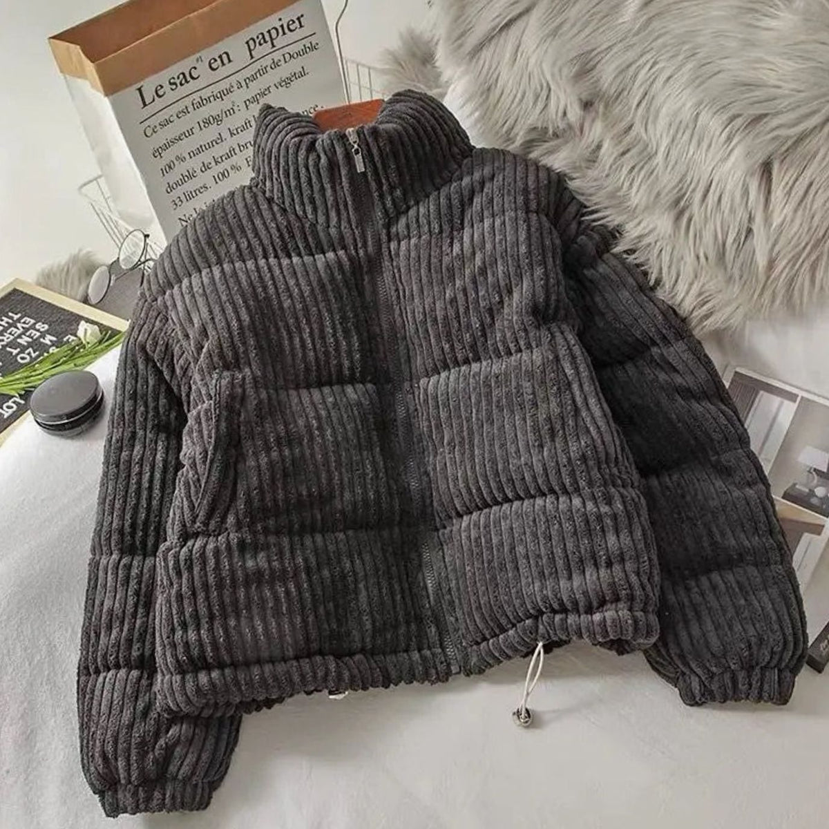 Women's Cropped Corduroy Quilted Puffer Jacket