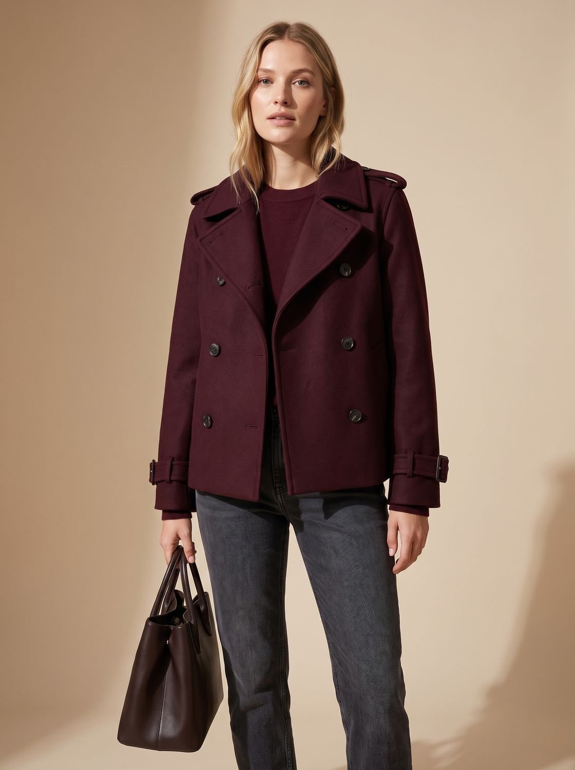Women's Cropped Double-Breasted Wool Coat Epaulette Pea Coat