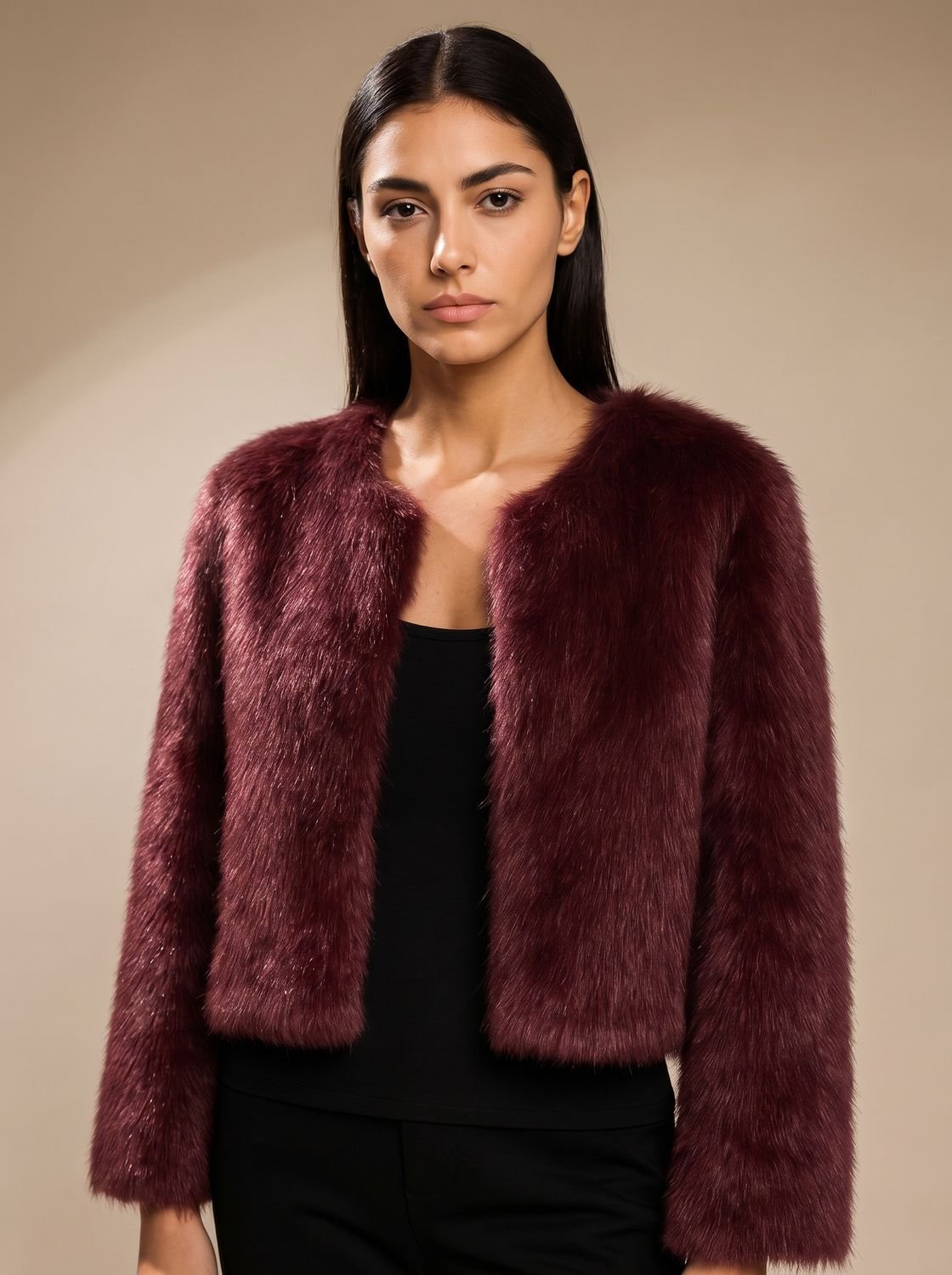 Women's Cropped Faux Fur Open-Front Teddy Jacket - Burgundy