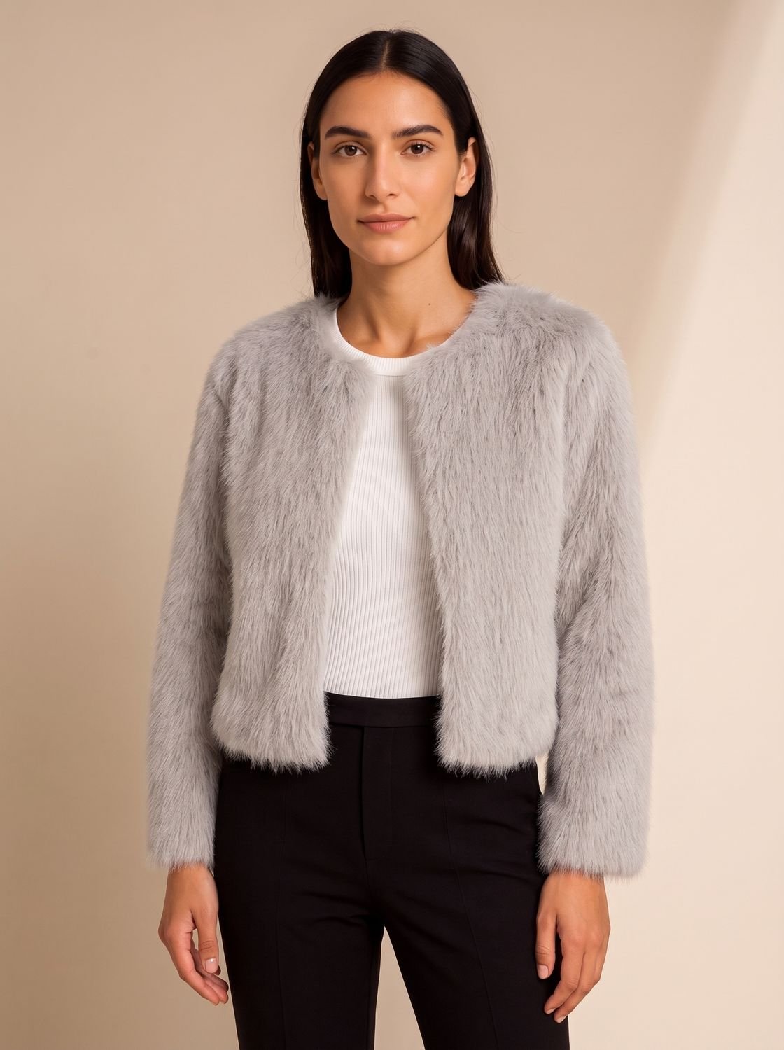 Women's Cropped Faux Fur Open-Front Teddy Jacket - Light Grey