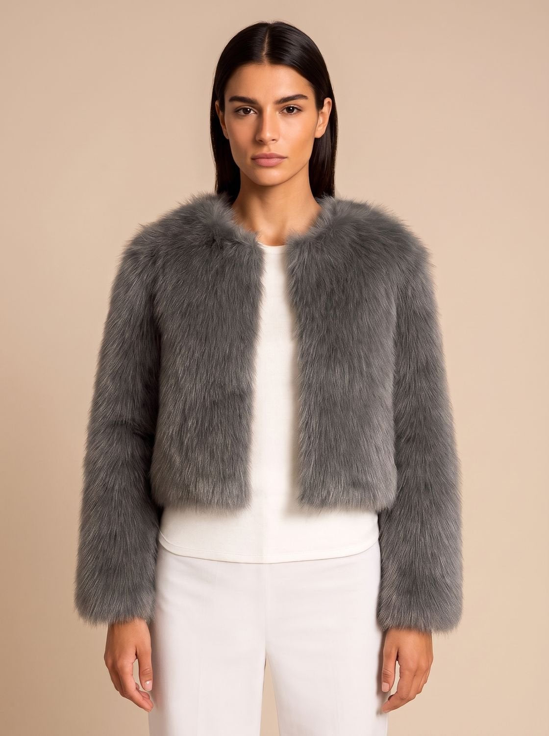 Women's Cropped Faux Fur Open-Front Teddy Jacket - Dark Grey