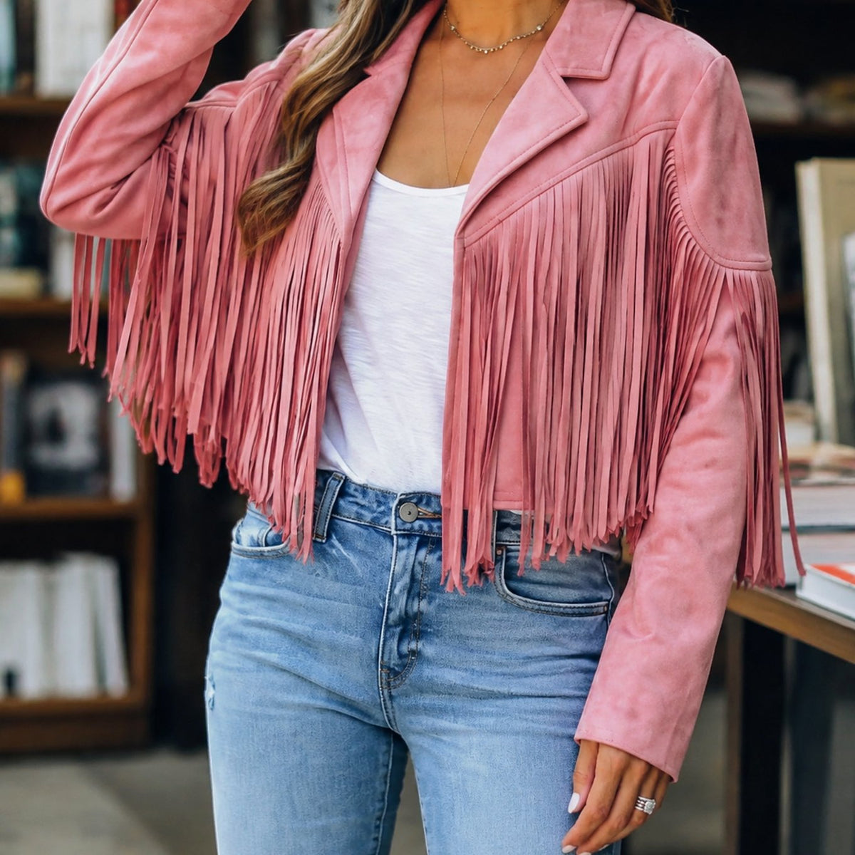 Women's Cropped Faux Suede Fringe Western Jacket - Pink