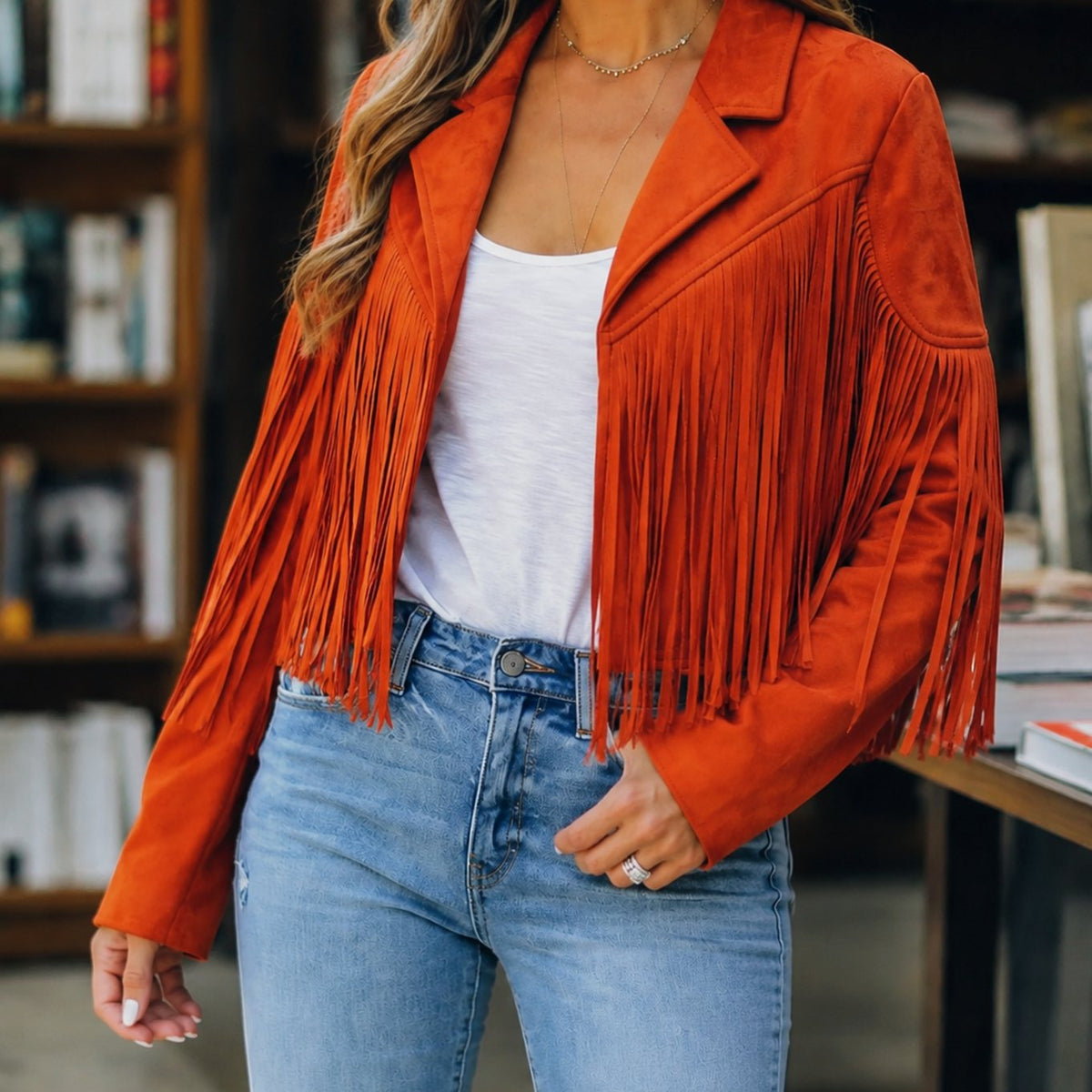 Women's Cropped Faux Suede Fringe Western Jacket - Orange