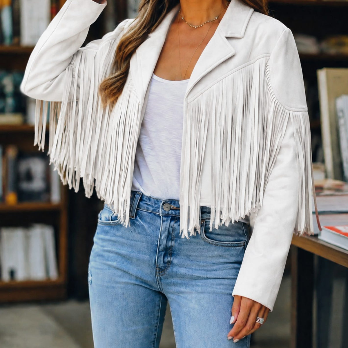 Women's Cropped Faux Suede Fringe Western Jacket - White