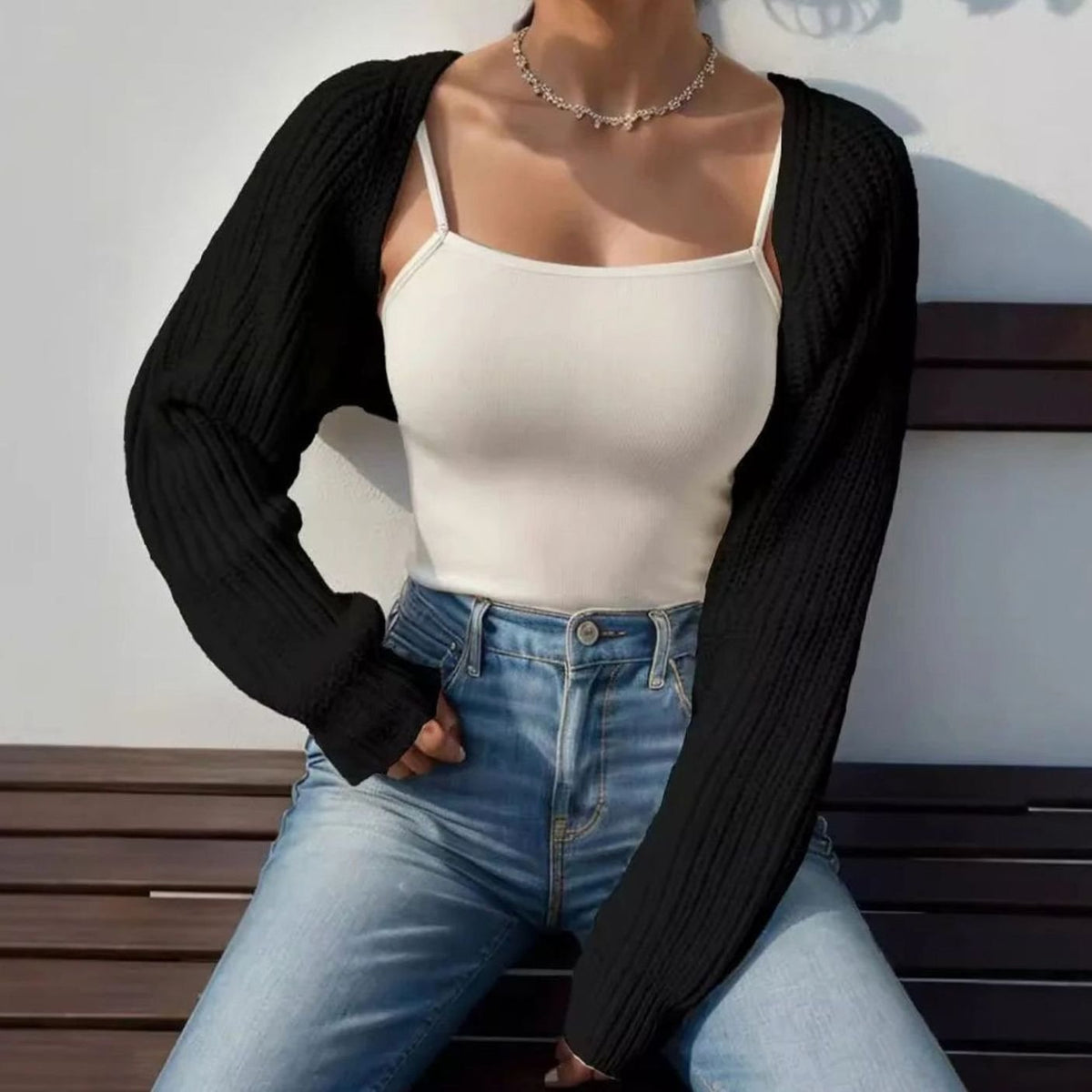 Women's Cropped Knitted Bolero Shrug Open-Front Raglan Cardigan