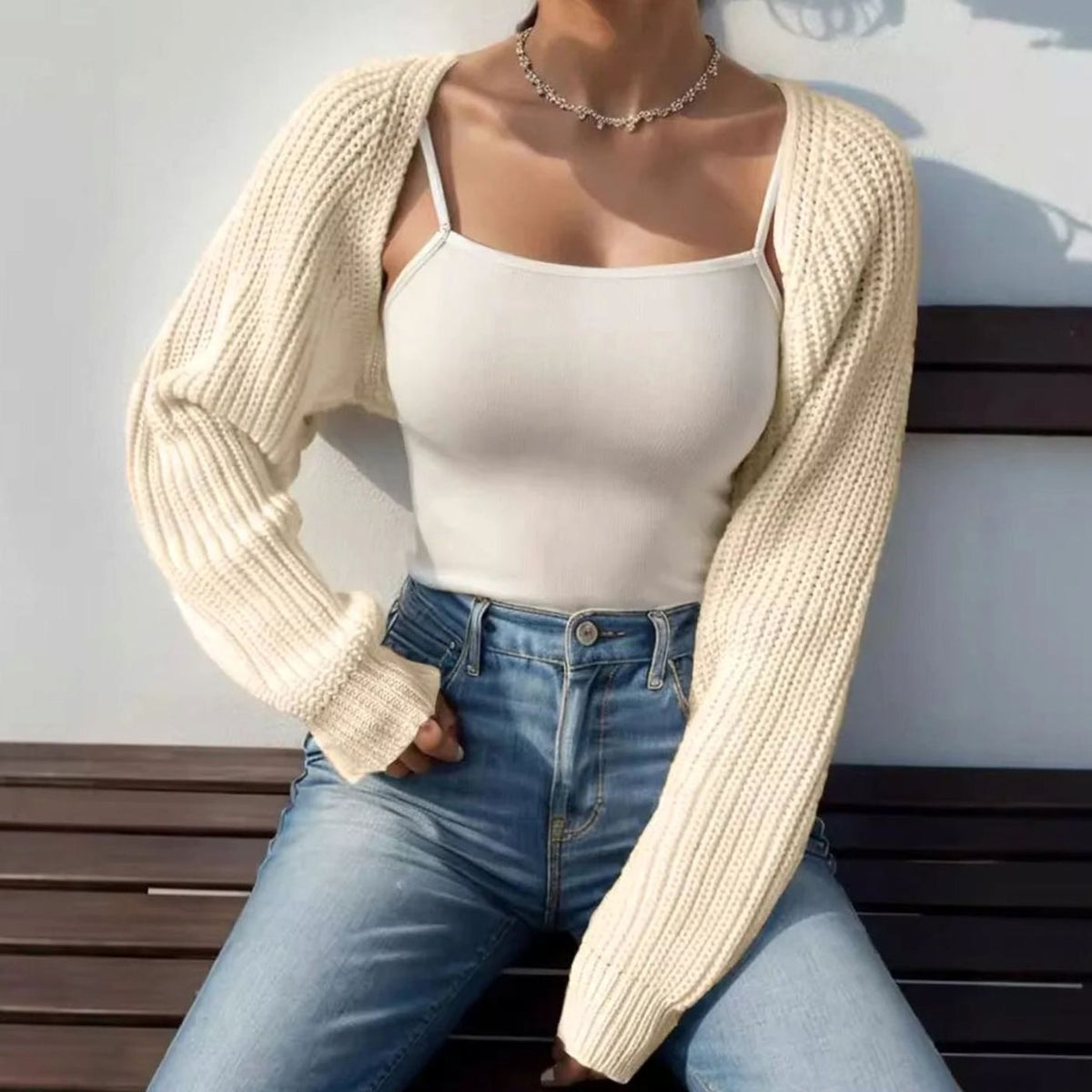 Women's Cropped Knitted Bolero Shrug Open-Front Raglan Cardigan