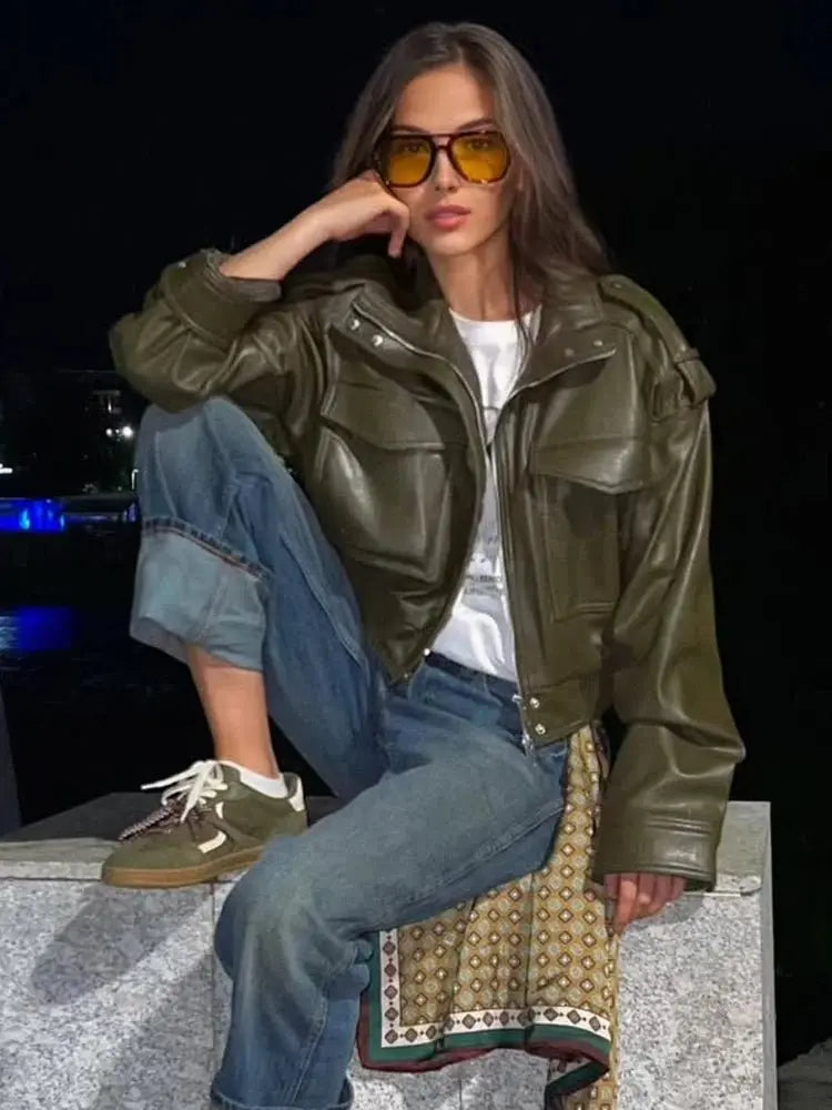 Women's Cropped Leather Look Jacket Zip Front Pockets - Green