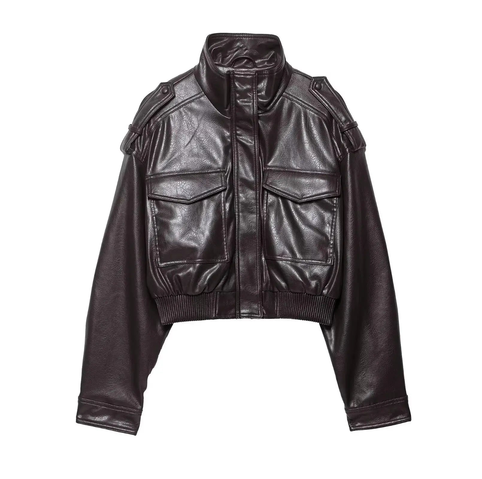 Women's Cropped Leather Look Jacket Zip Front Pockets