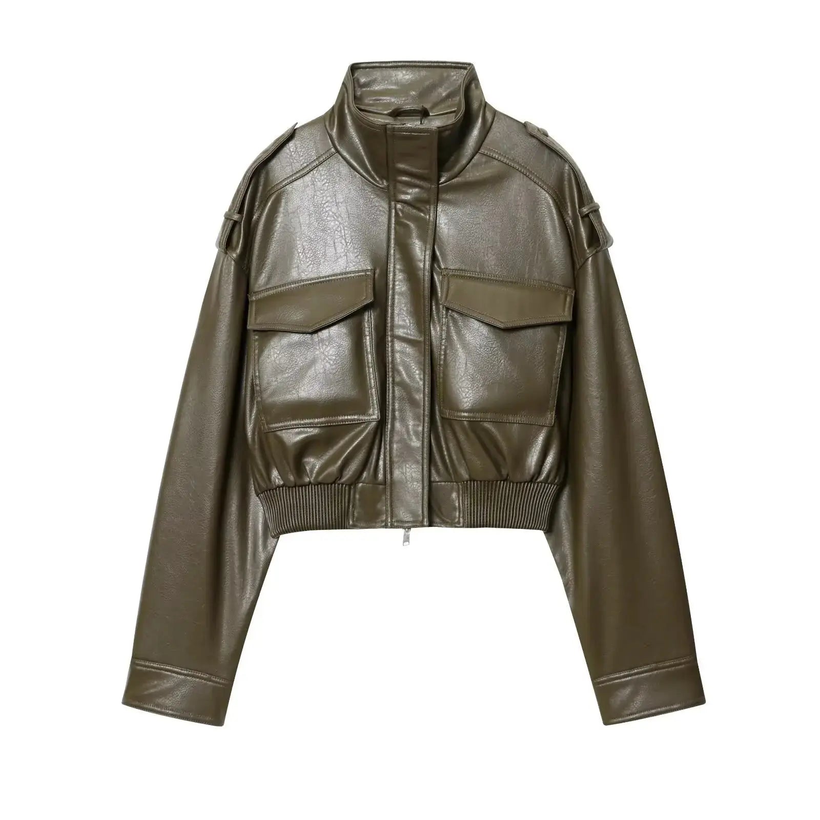 Women's Cropped Leather Look Jacket Zip Front Pockets