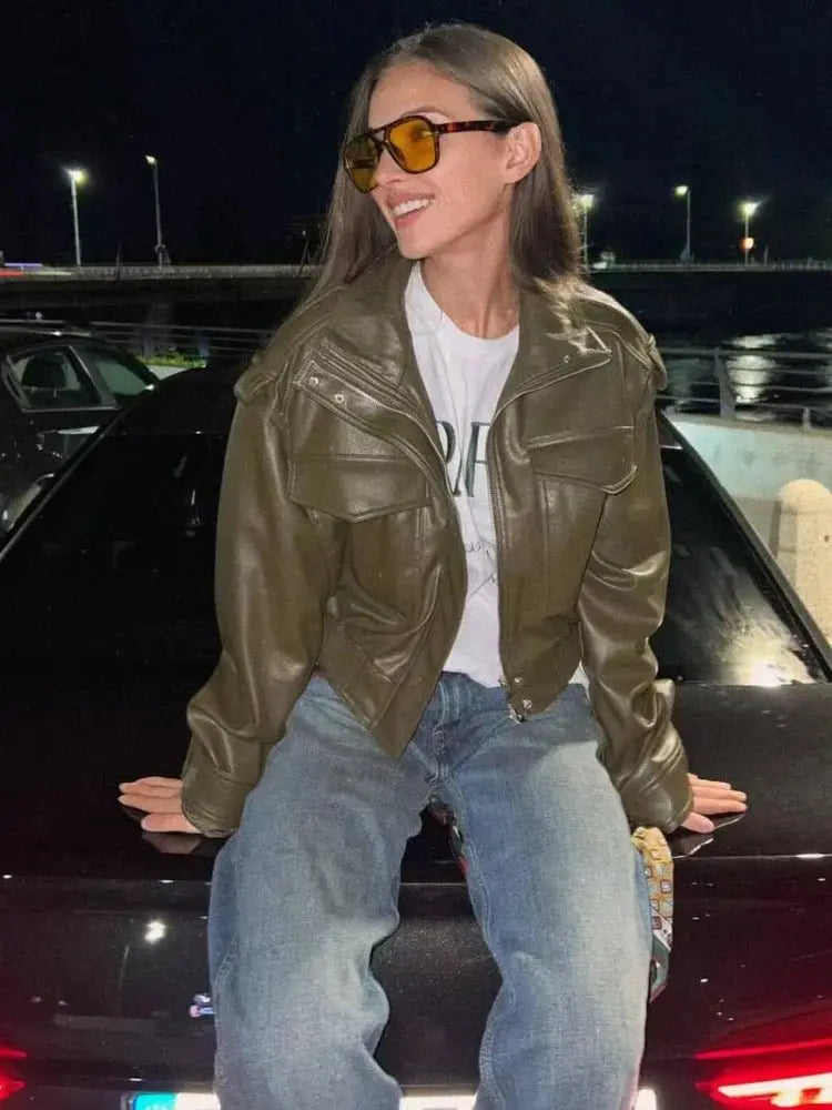 Women's Cropped Leather Look Jacket Zip Front Pockets