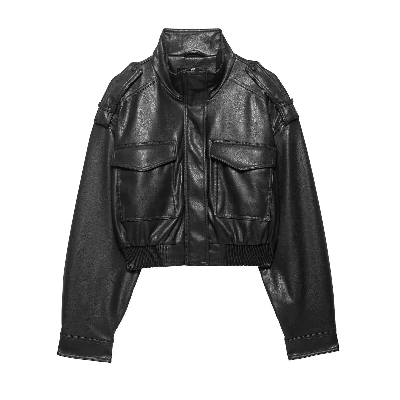 Women's Cropped Leather Look Jacket Zip Front Pockets