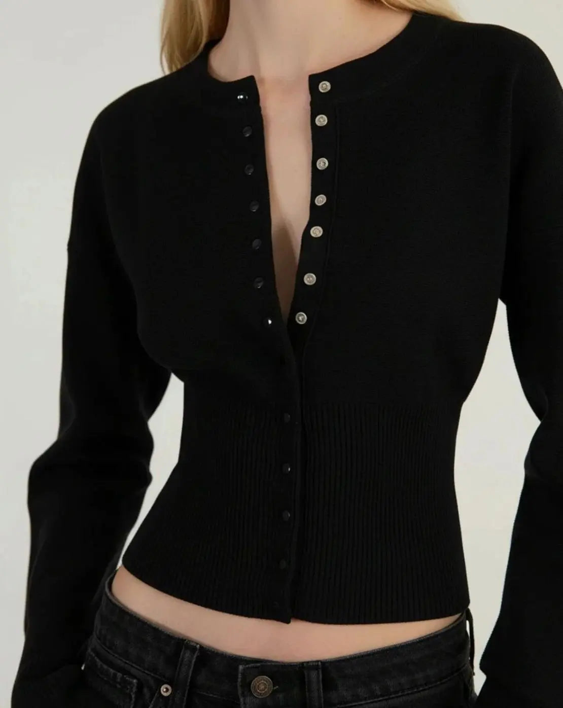 Women's Cropped Long-Sleeve Ribbed Knit Cardigan - Black