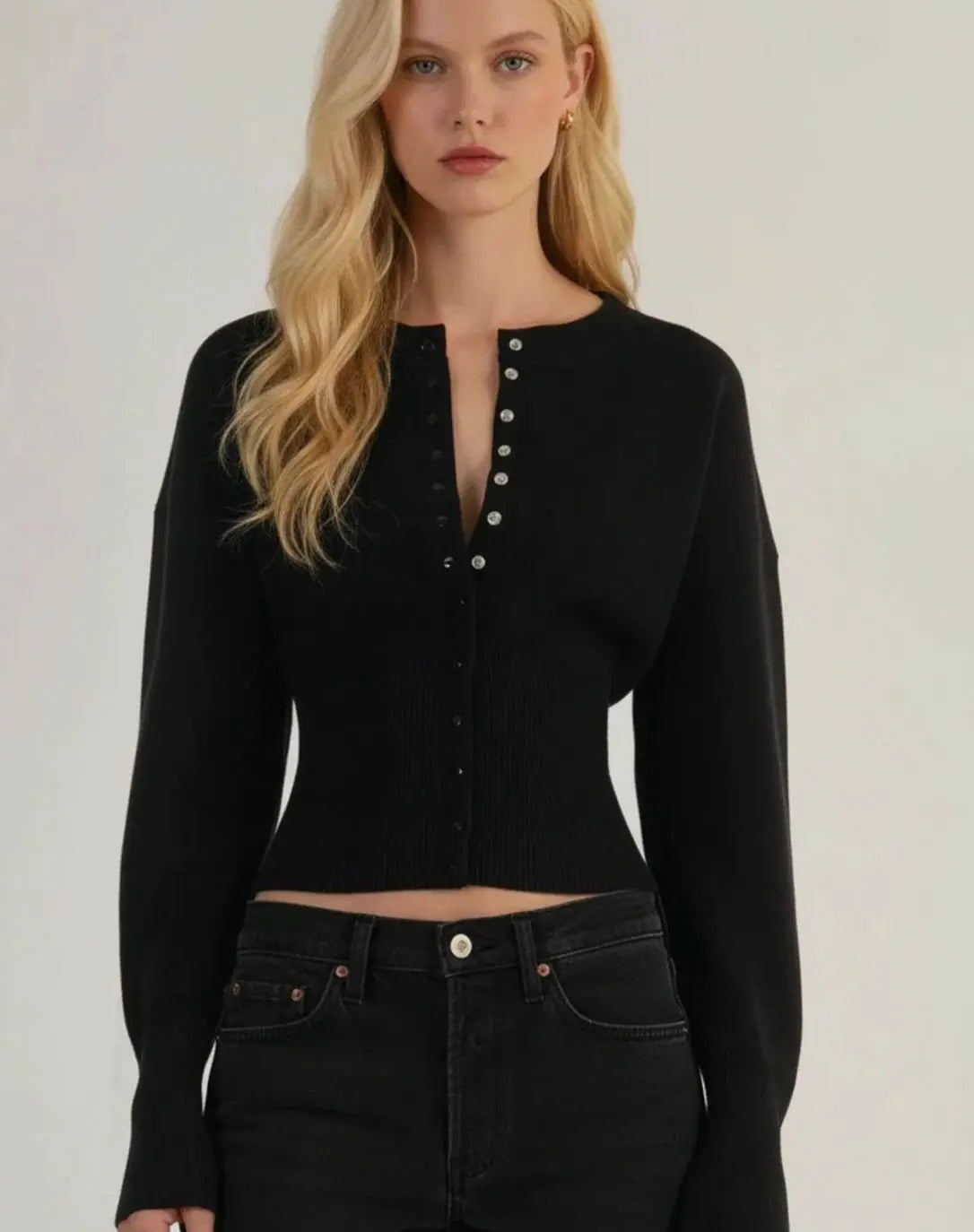 Women's Cropped Long-Sleeve Ribbed Knit Cardigan
