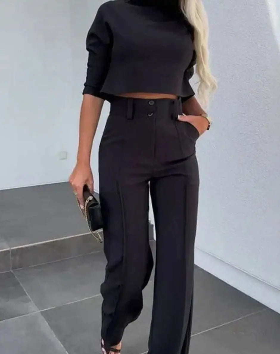 Women's Cropped Matching Top High-Waist Wide-Leg Trouser Two-Piece Set - Black