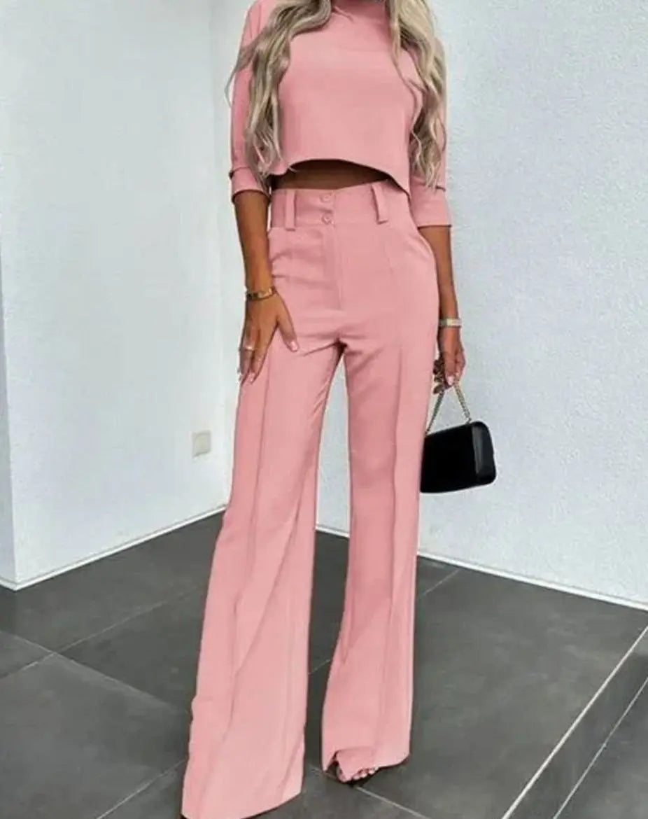 Women's Cropped Matching Top High-Waist Wide-Leg Trouser Two-Piece Set - Pink