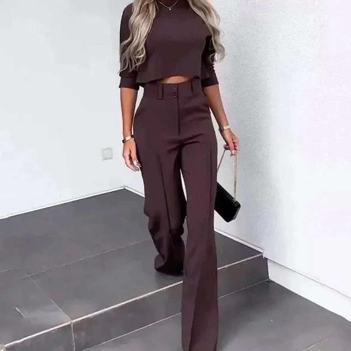 Women's Cropped Matching Top High-Waist Wide-Leg Trouser Two-Piece Set - Brown