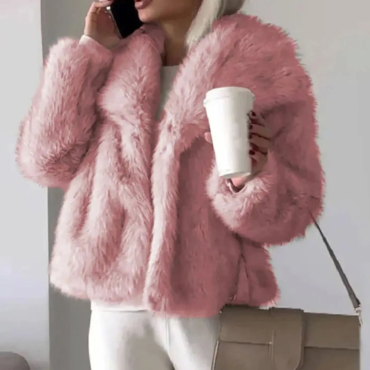 Women's Cropped Open-Front Faux Fur Winter Jacket - Pink
