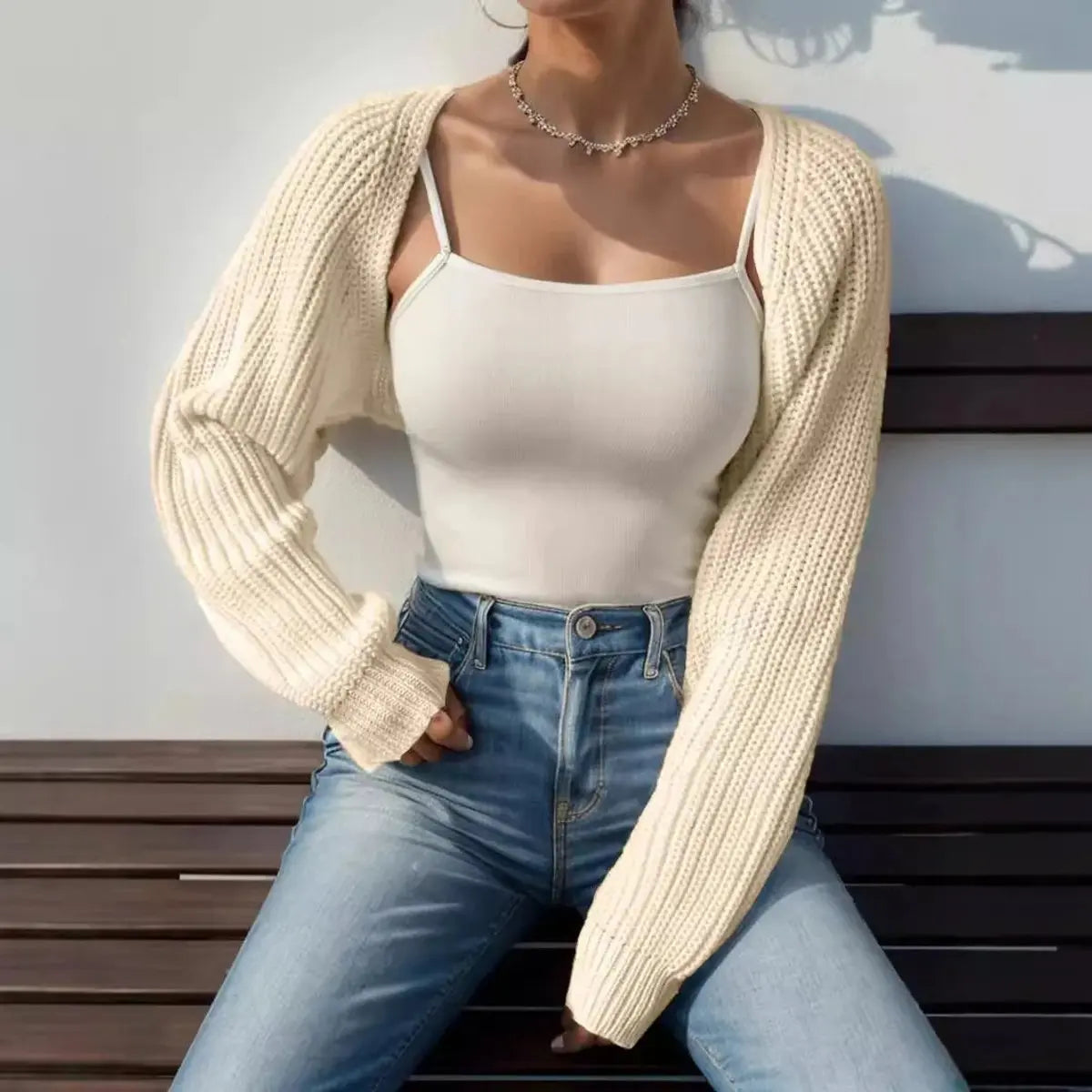 Women's Cropped Open-Front Ribbed Knit Jumper Shrug