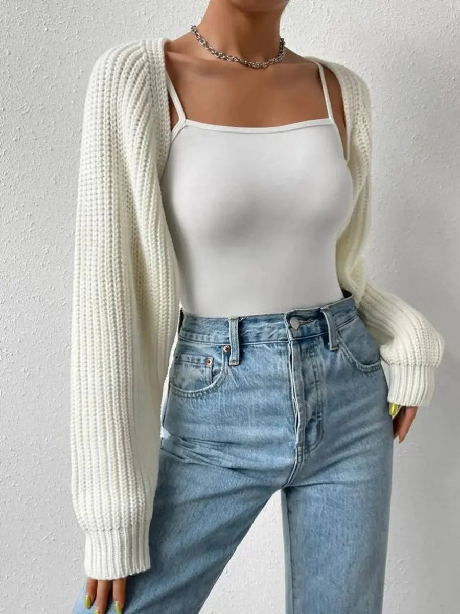 Women's Cropped Open-Front Ribbed Knit Jumper Shrug