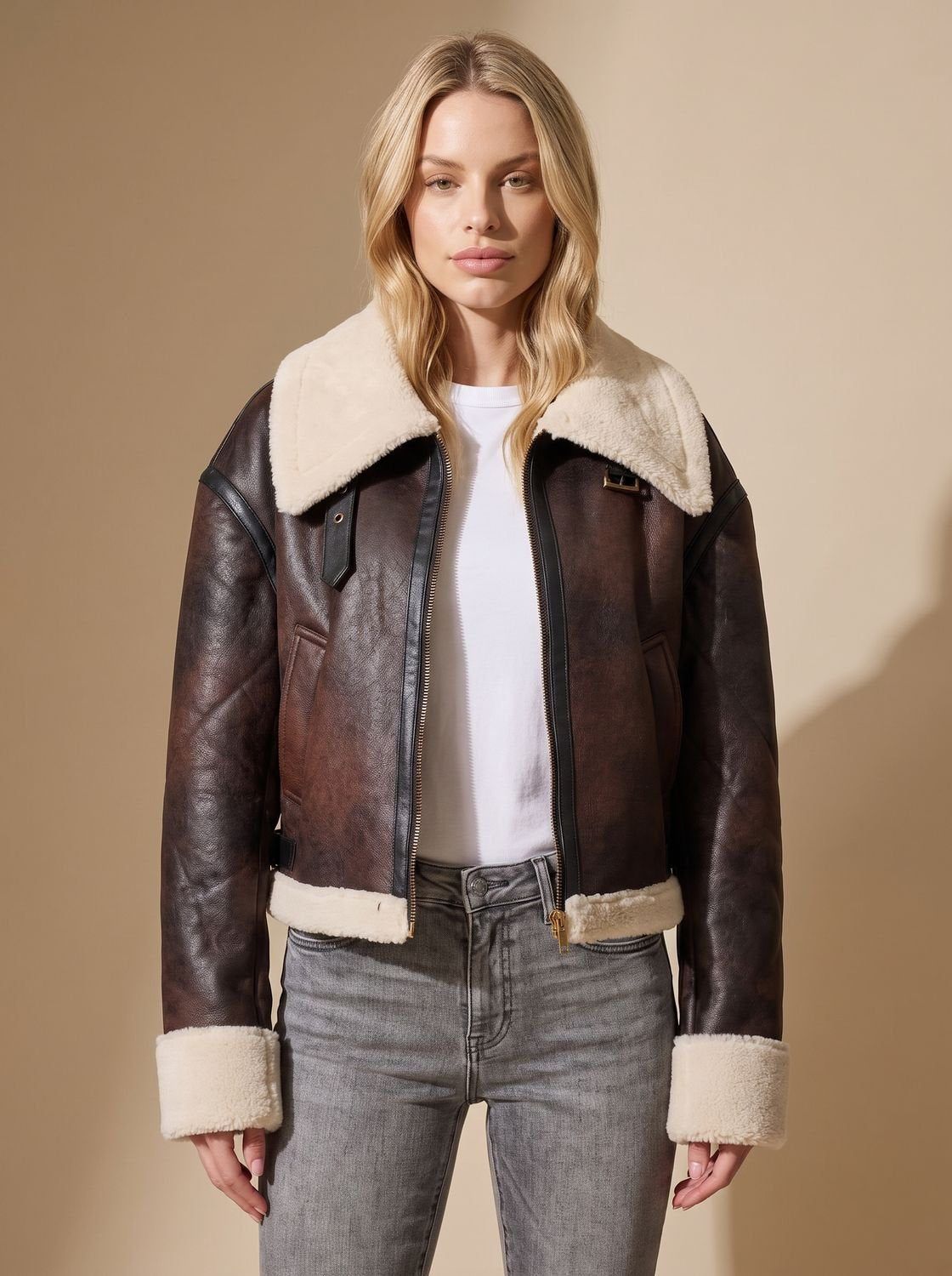 Women's Cropped Shearling-Trim Faux Leather Aviator Jacket