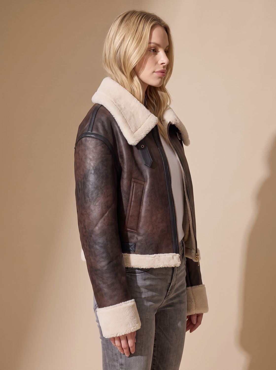 Women's Cropped Shearling-Trim Faux Leather Aviator Jacket