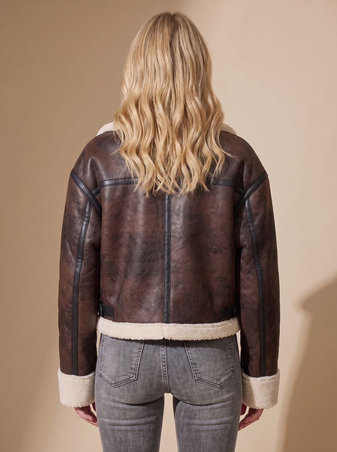 Women's Cropped Shearling-Trim Faux Leather Aviator Jacket