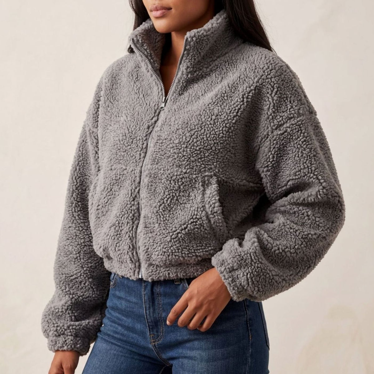 Women's Cropped Sherpa Fleece Zip-Up Winter Coat Jacket - Grey