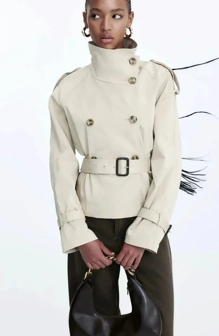 Women's Cropped Trench Coat Stand-Up Collar Belted Jacket - Light Brown