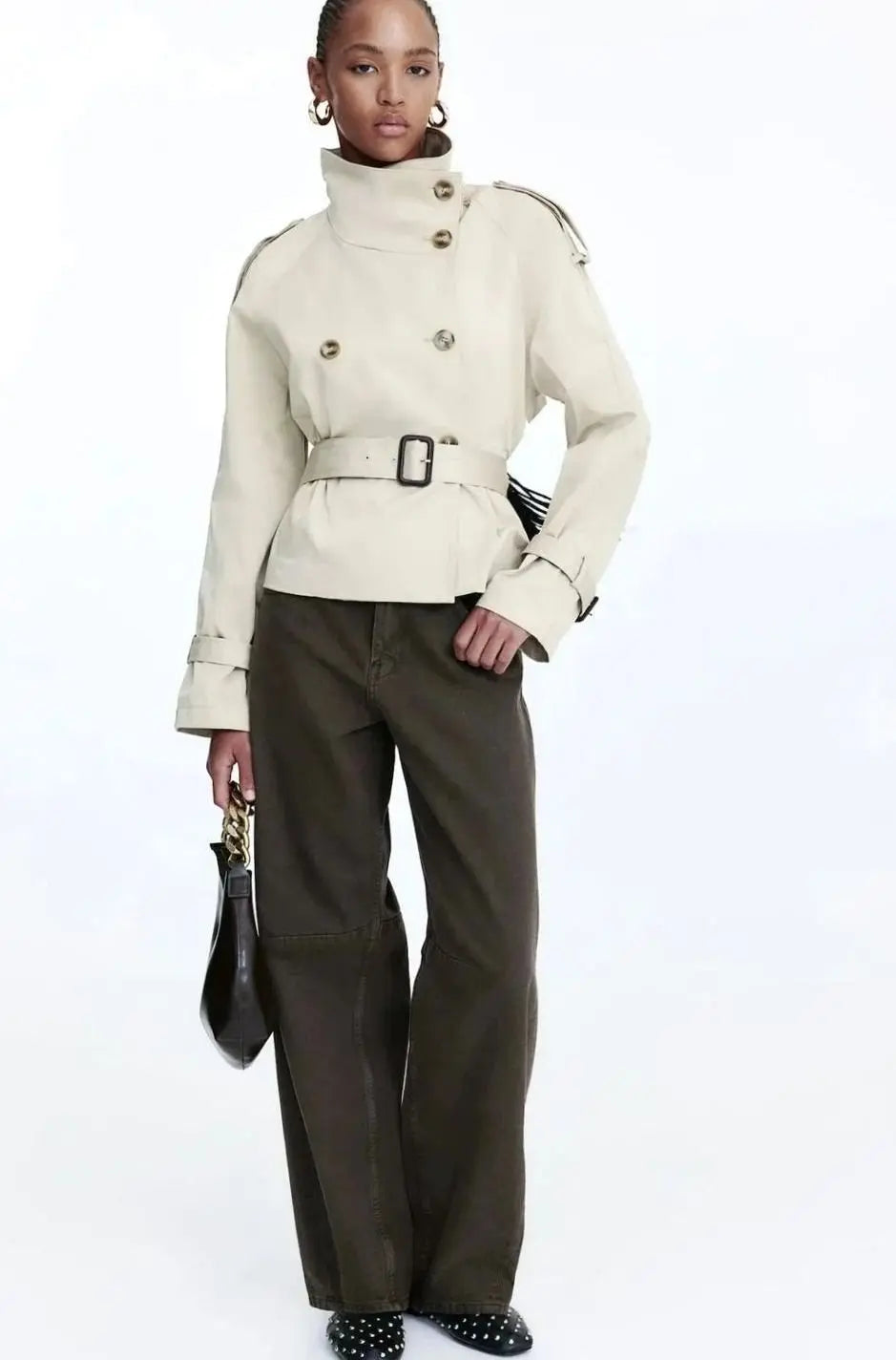 Women's Cropped Trench Coat Stand-Up Collar Belted Jacket