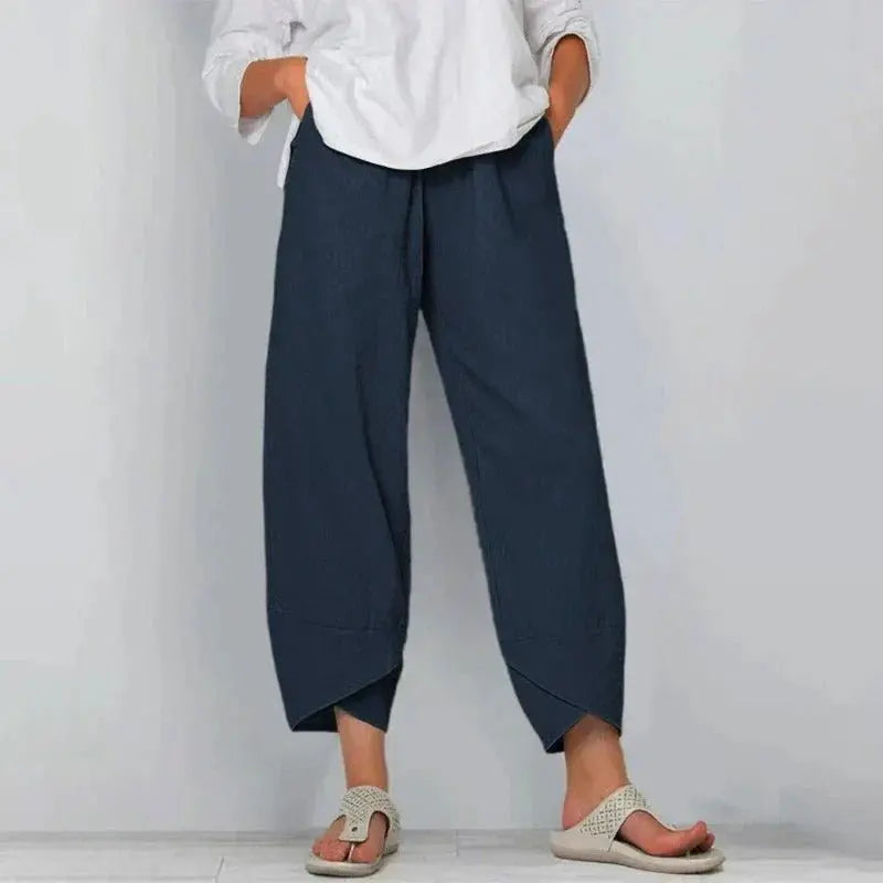 Women's Cropped Wide Leg Trousers Relaxed Fit Summer - Navy Blue