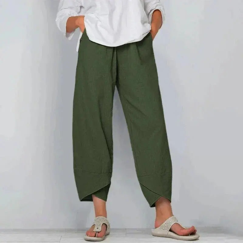 Women's Cropped Wide Leg Trousers Relaxed Fit Summer - Military Green