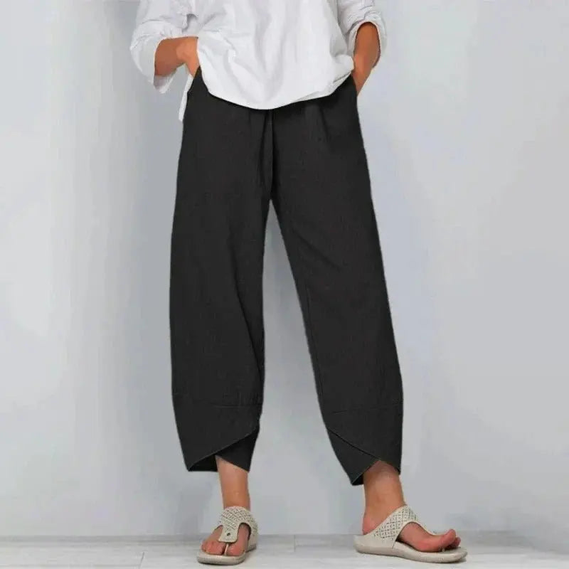 Women's Cropped Wide Leg Trousers Relaxed Fit Summer - Black