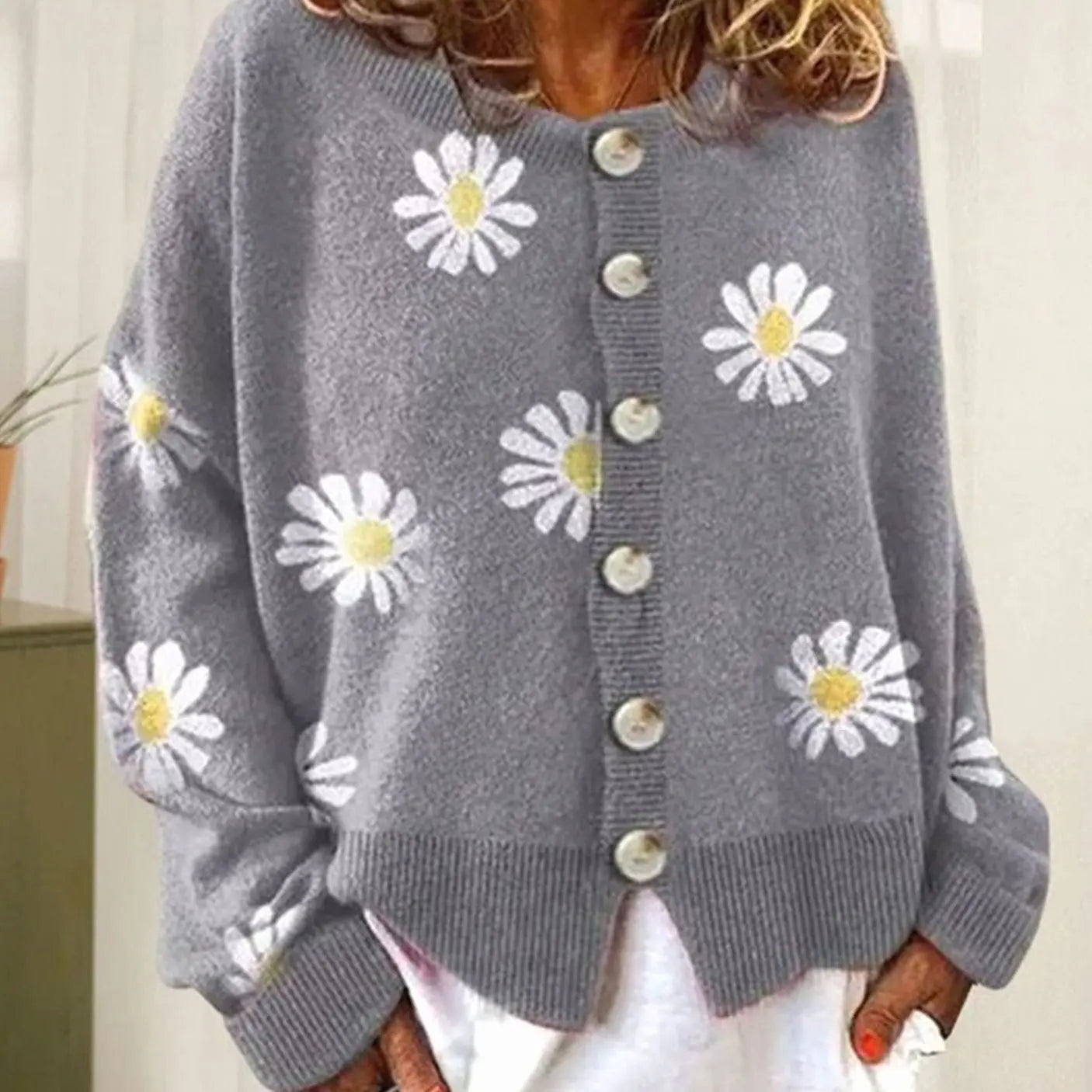 Women's Daisy Print Button-Down Knit Cardigan - Grey