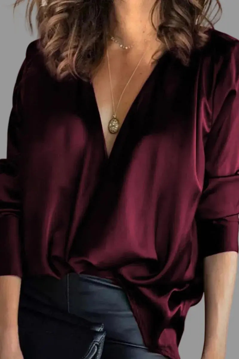 Women's Deep V-Neck Satin Draped Long-Sleeve Blouse - Burgundy