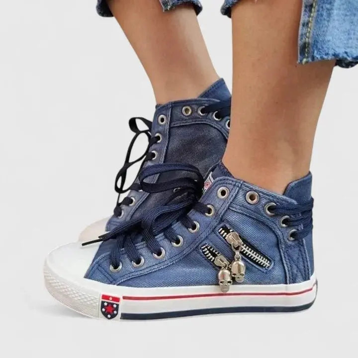 Women's Denim High-Top Trainers Orthopedic Comfort Canvas - Navy Blue