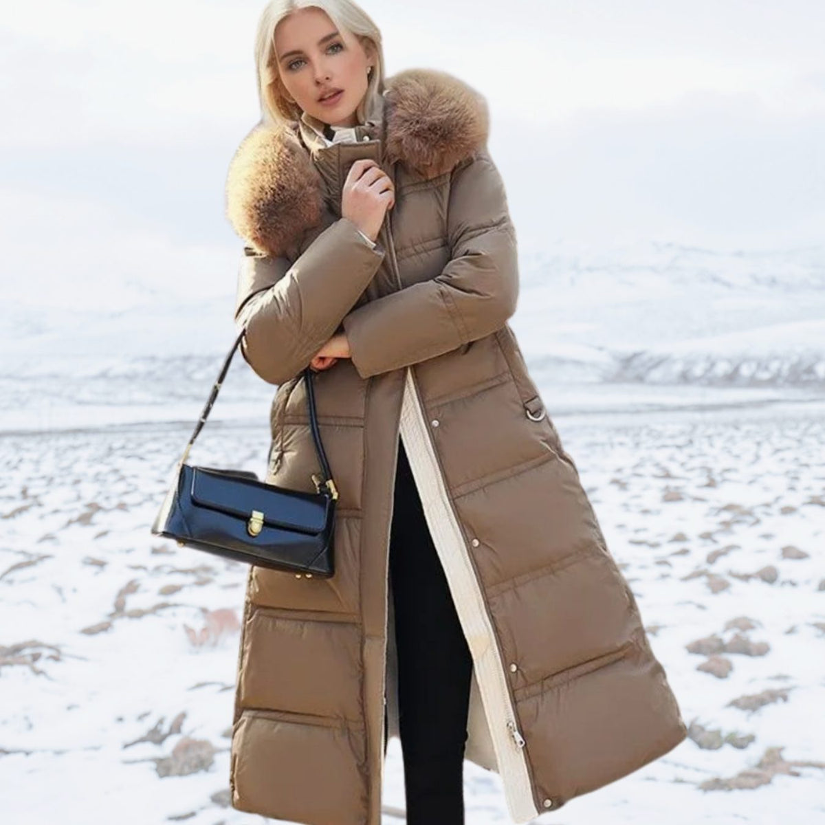 Women's Designer Fur-Hood Longline Puffer Winter Parka - Brown