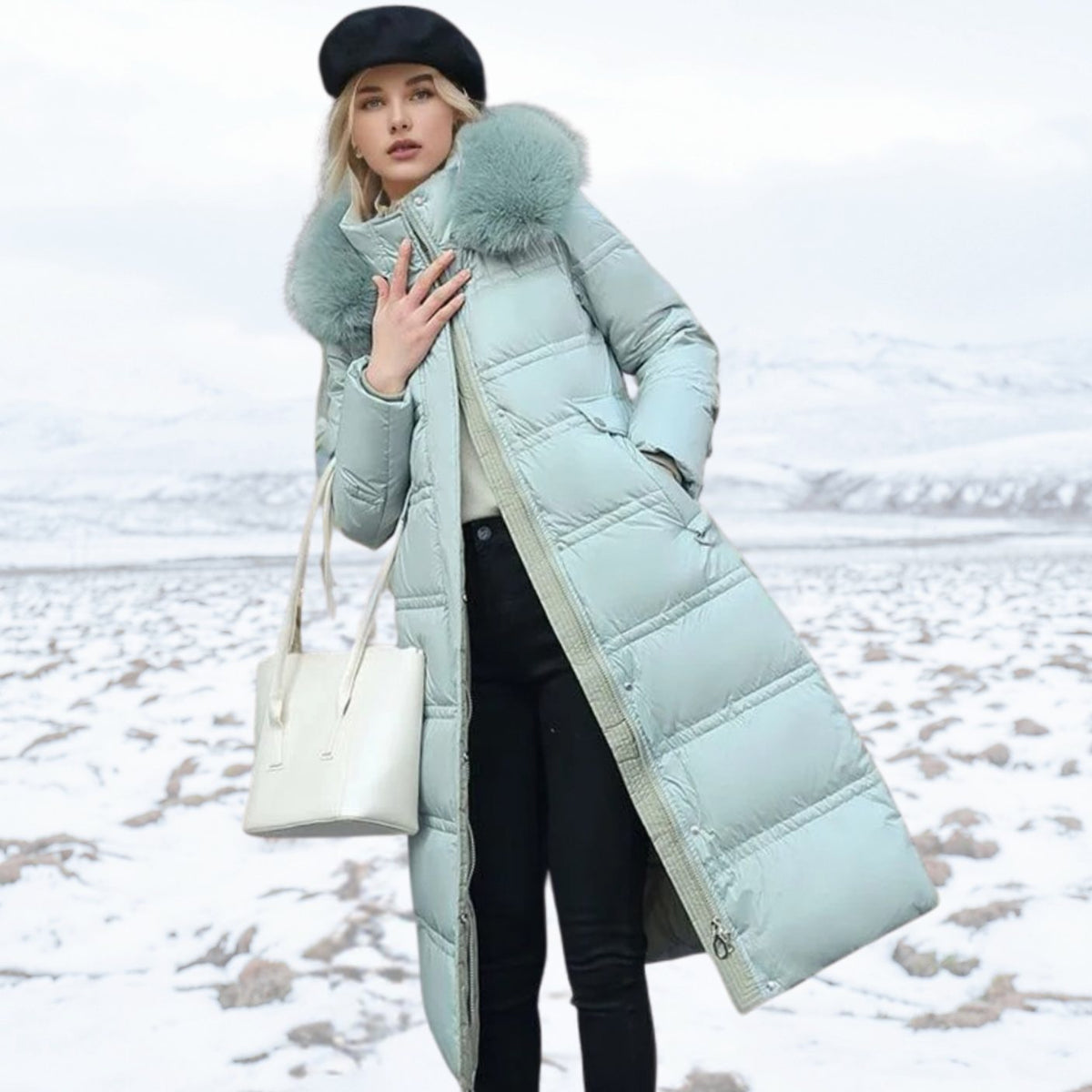 Women's Designer Fur-Hood Longline Puffer Winter Parka - Blue