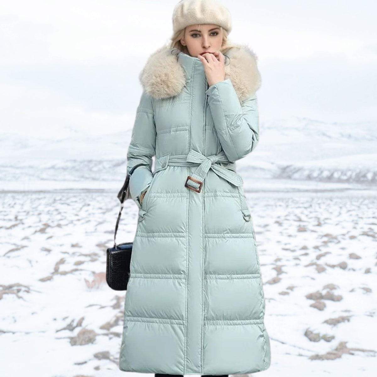 Women's Designer Fur-Hood Longline Puffer Winter Parka - Blue and White