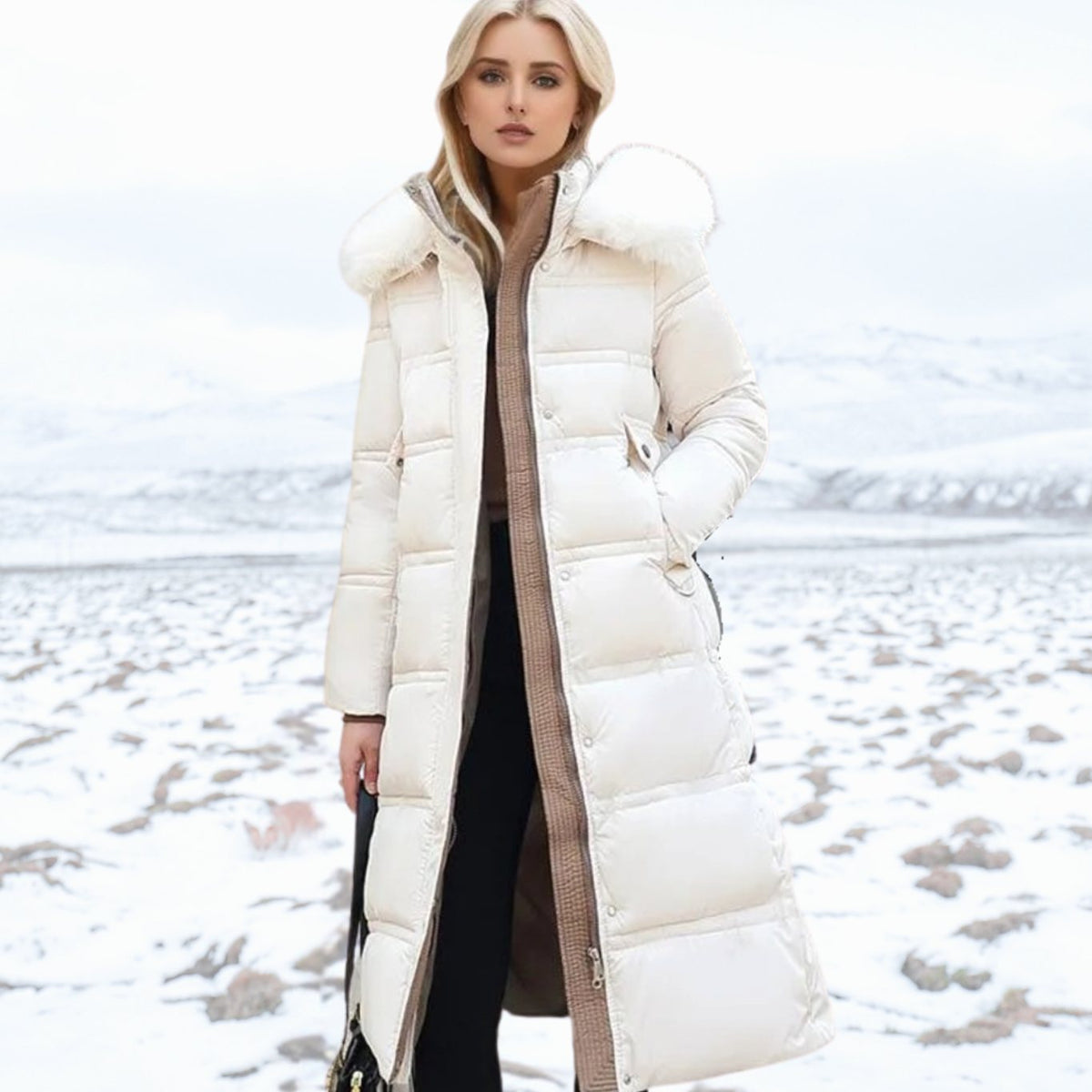 Women's Designer Fur-Hood Longline Puffer Winter Parka - White