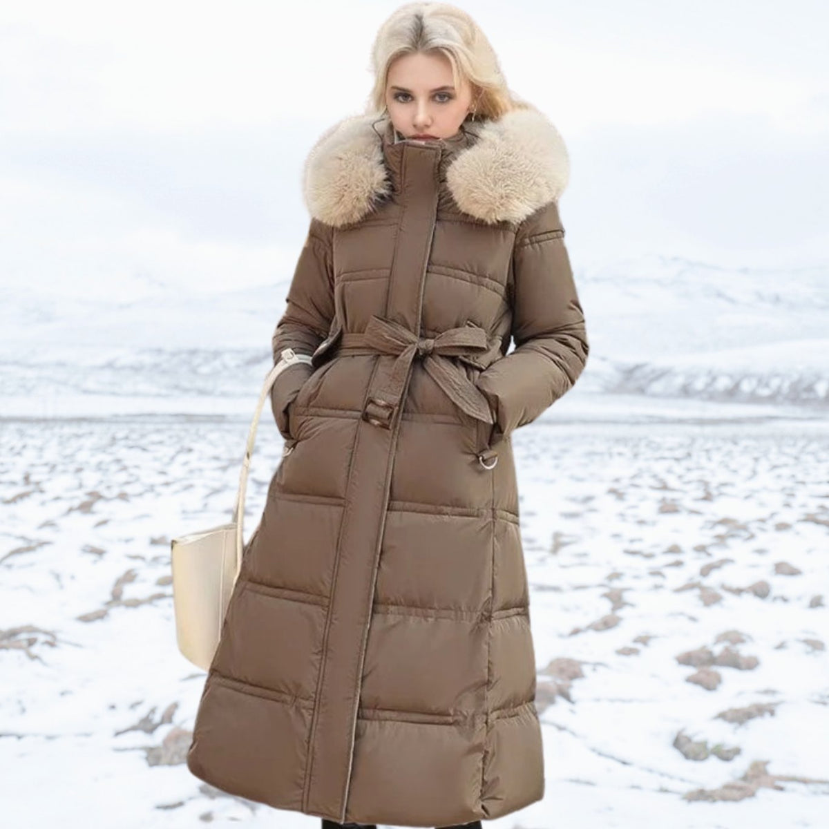 Women's Designer Fur-Hood Longline Puffer Winter Parka - Brown and Beige