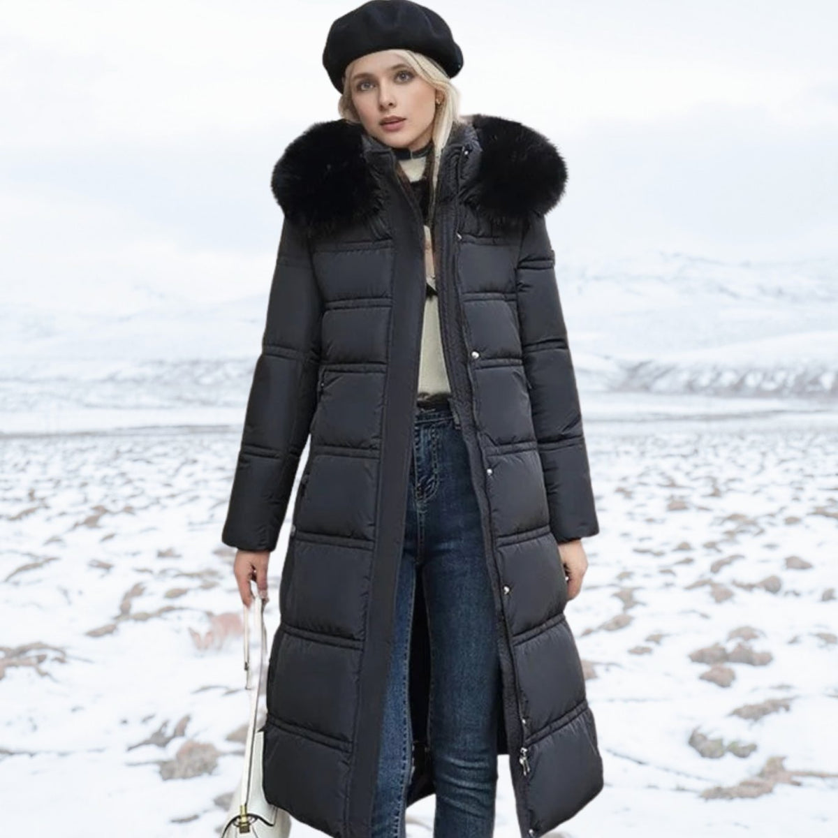 Women's Designer Fur-Hood Longline Puffer Winter Parka - Black
