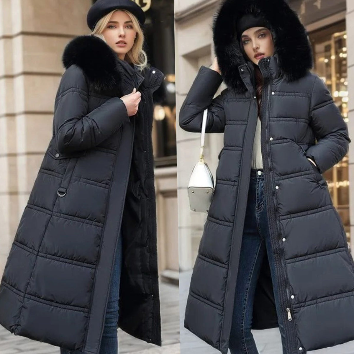 Women's Designer Fur-Hood Longline Puffer Winter Parka